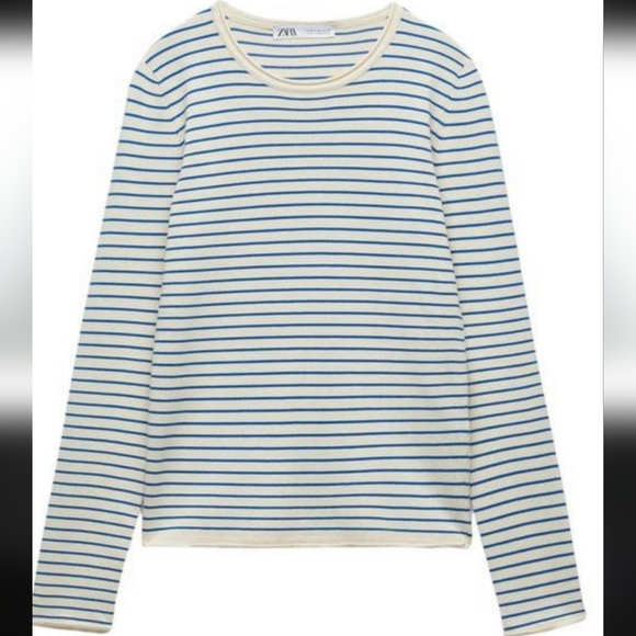 Zara Blue White Striped Knit Top French Coastal Chic Boho Anthropologie Style L - Picture 2 of 6